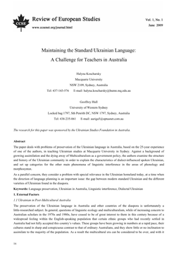 Maintaining the Standard Ukrainian Language: a Challenge for Teachers in Australia