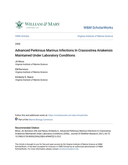 Advanced Perkinsus Marinus Infections in Crassostrea Ariakensis Maintained Under Laboratory Conditions