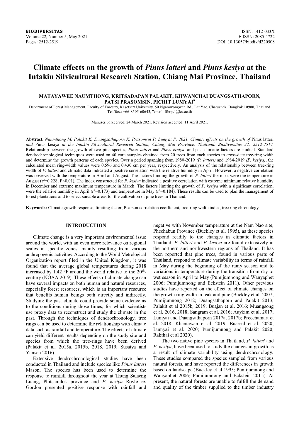 Climate Effects on the Growth of Pinus Latteri and Pinus Kesiya at the Intakin Silvicultural Research Station, Chiang Mai Province, Thailand