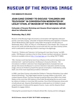 Joan Ganz Cooney to Discuss “Children and Television” in Conversation Moderated by Lesley Stahl at Museum of the Moving Image