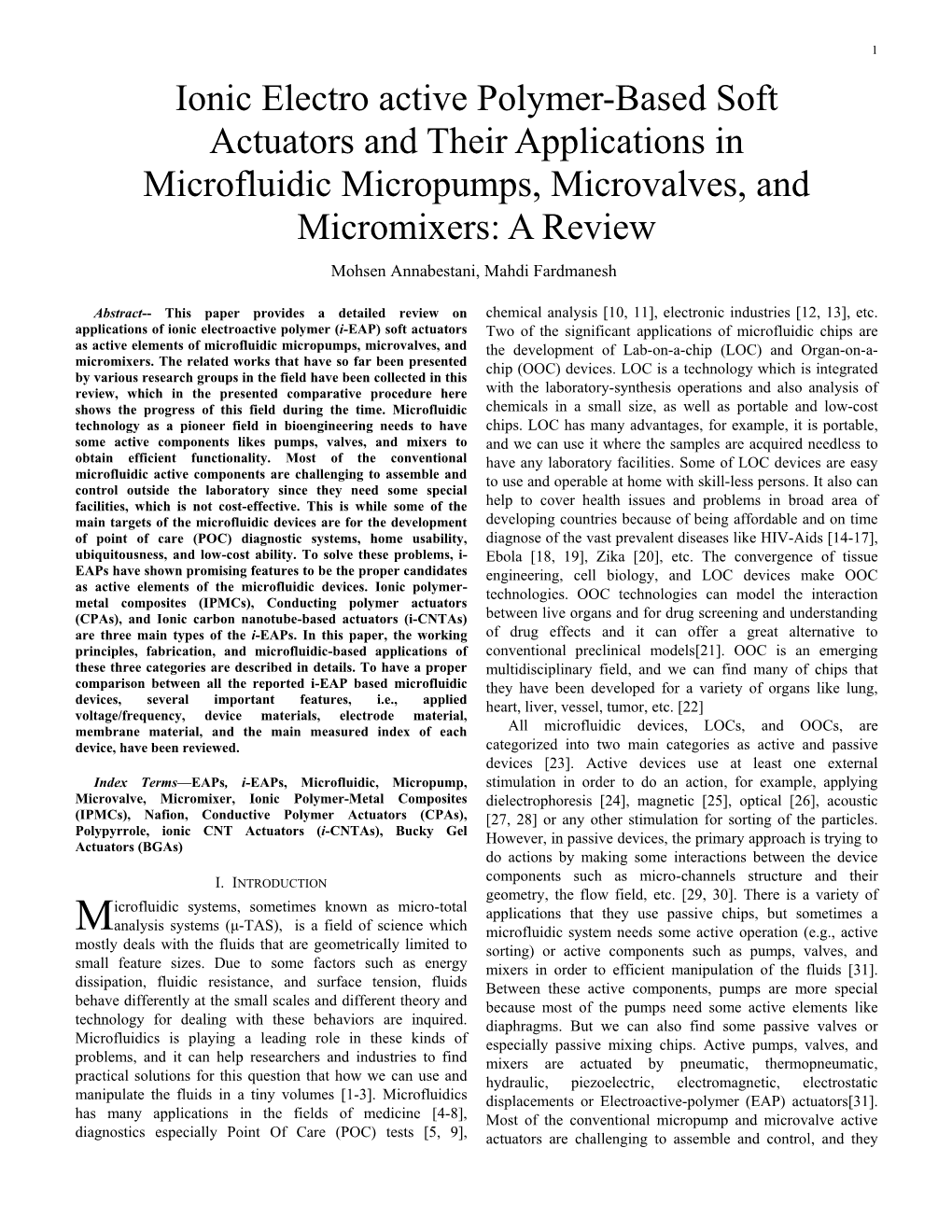 Ionic Electro Active Polymer-Based Soft Actuators and Their Applications in Microfluidic Micropumps, Microvalves, and Micromixer