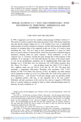 Pindar, Olympian 2.5–7, Text and Commentary—With Excursions to ‘Perictione’, Empedocles and Euripides’ Hippolytus