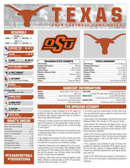 2019 Football Game Notes Schedule Overall 2-1 Home 2-1 | Away 1-0 | Neutral 0-0 Big 12 0-0 Home 0-0 | Away 0-0 | Neutral 0-0