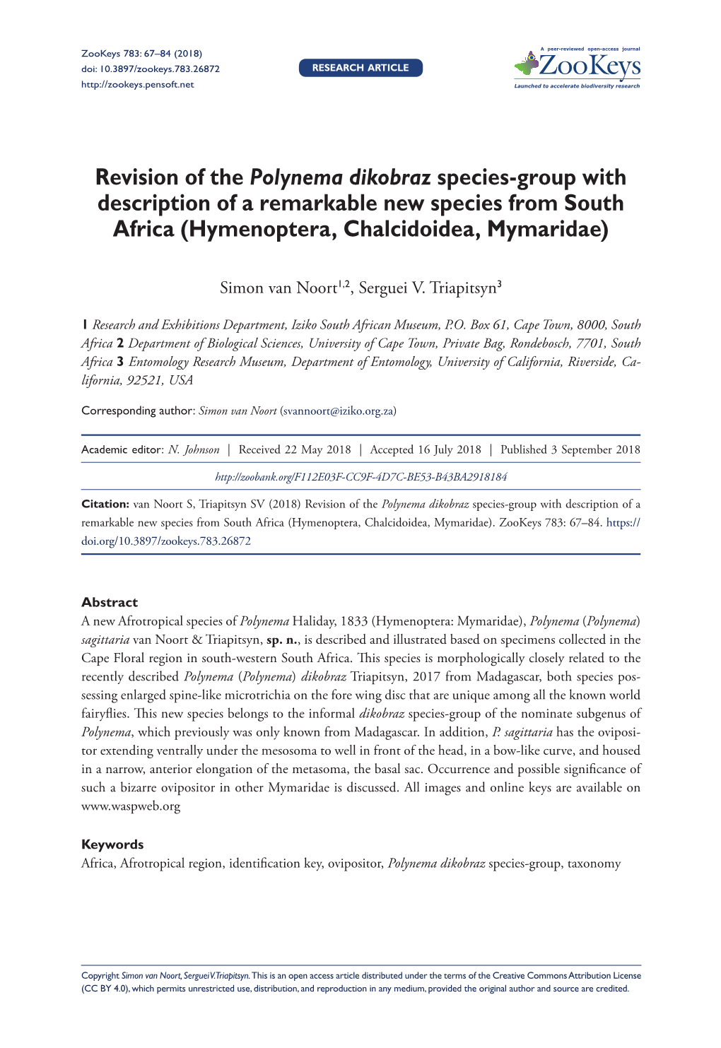 Revision of the Polynema Dikobraz Species-Group with Description of a Remarkable New Species from South Africa (Hymenoptera, Chalcidoidea, Mymaridae)