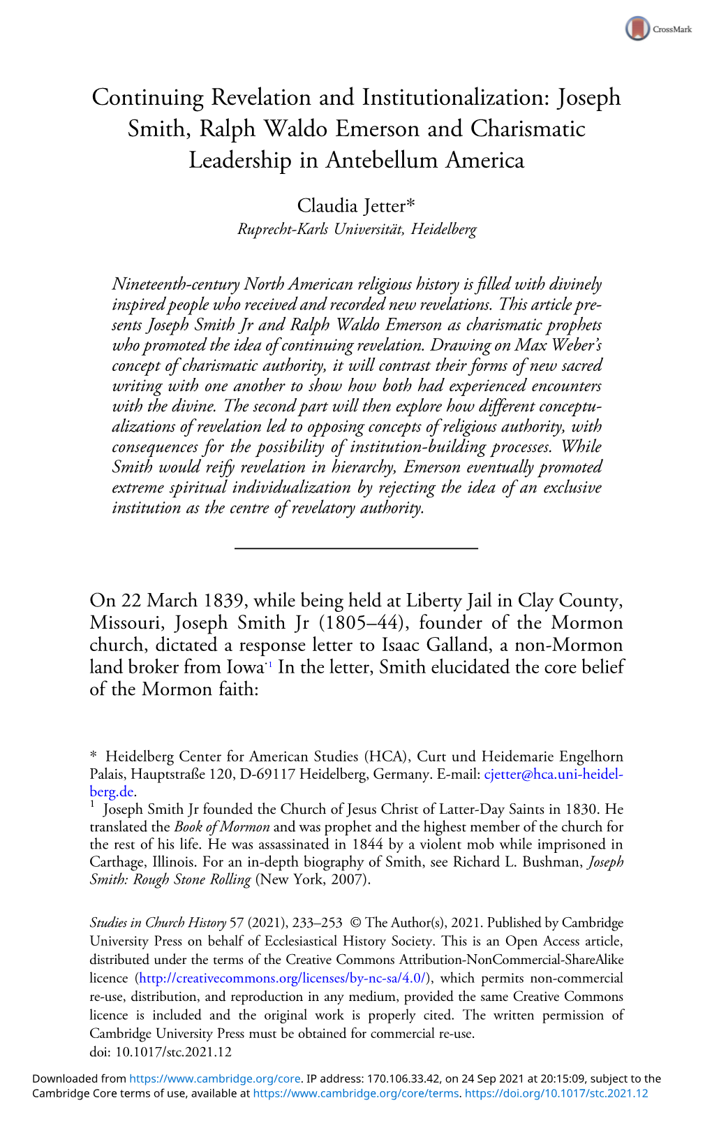 Continuing Revelation and Institutionalization: Joseph Smith, Ralph Waldo Emerson and Charismatic Leadership in Antebellum America