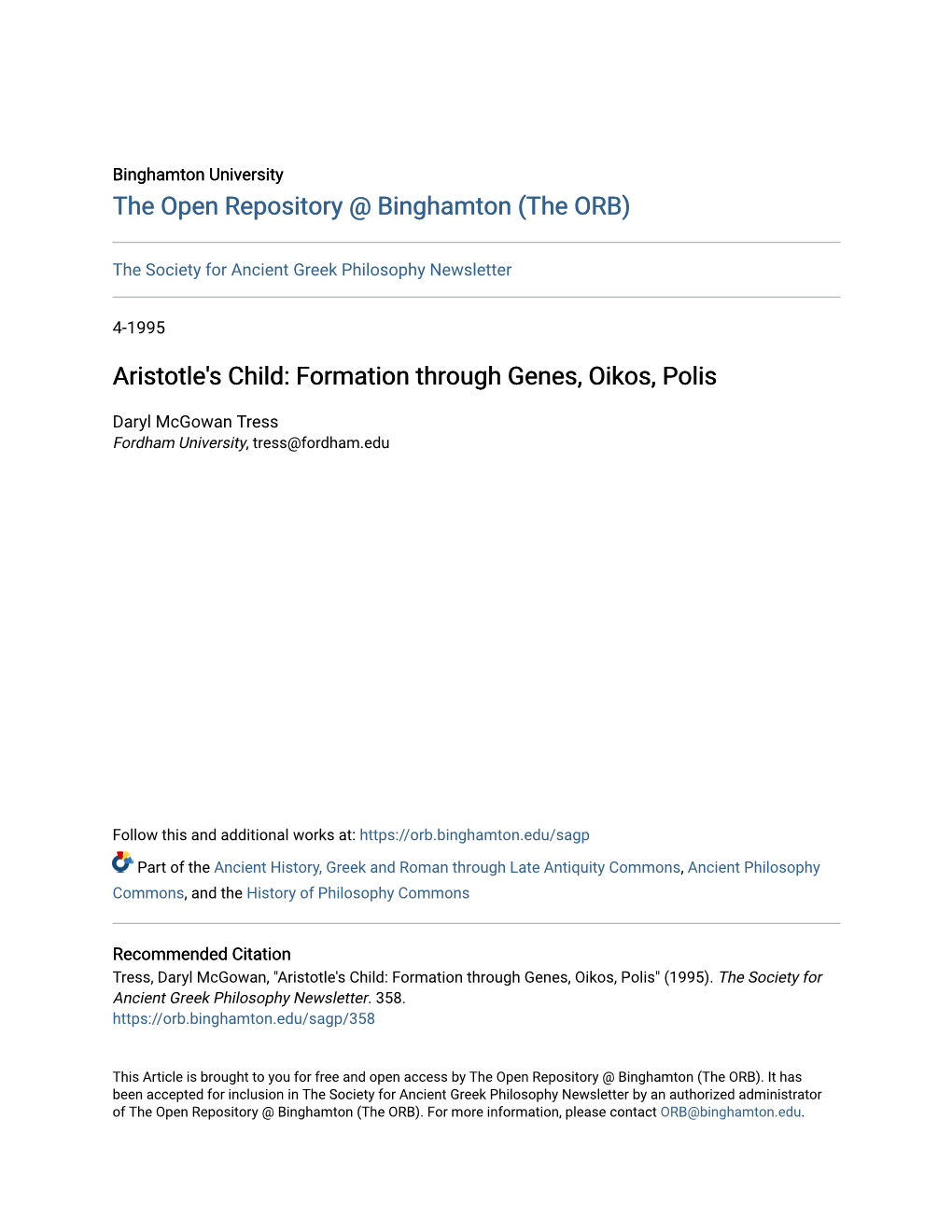 Aristotle's Child: Formation Through Genes, Oikos, Polis