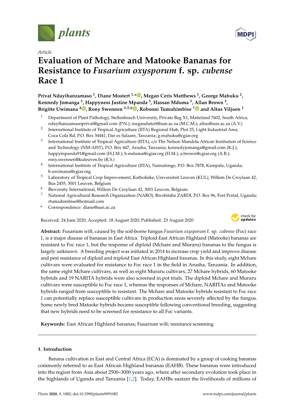 Evaluation of Mchare and Matooke Bananas for Resistance to Fusarium Oxysporum F