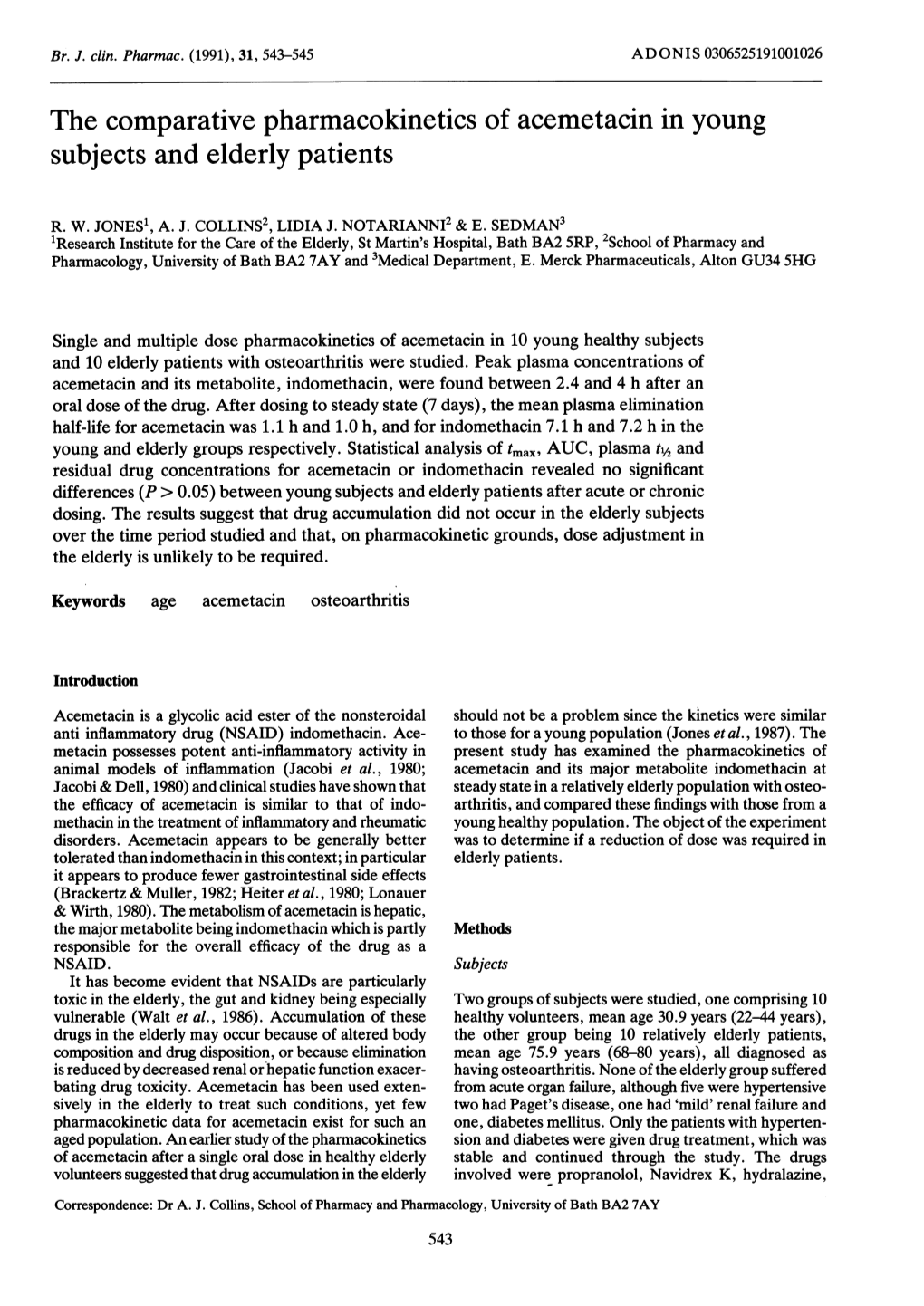 The Comparative Pharmacokinetics of Acemetacin in Young Subjects and Elderly Patients