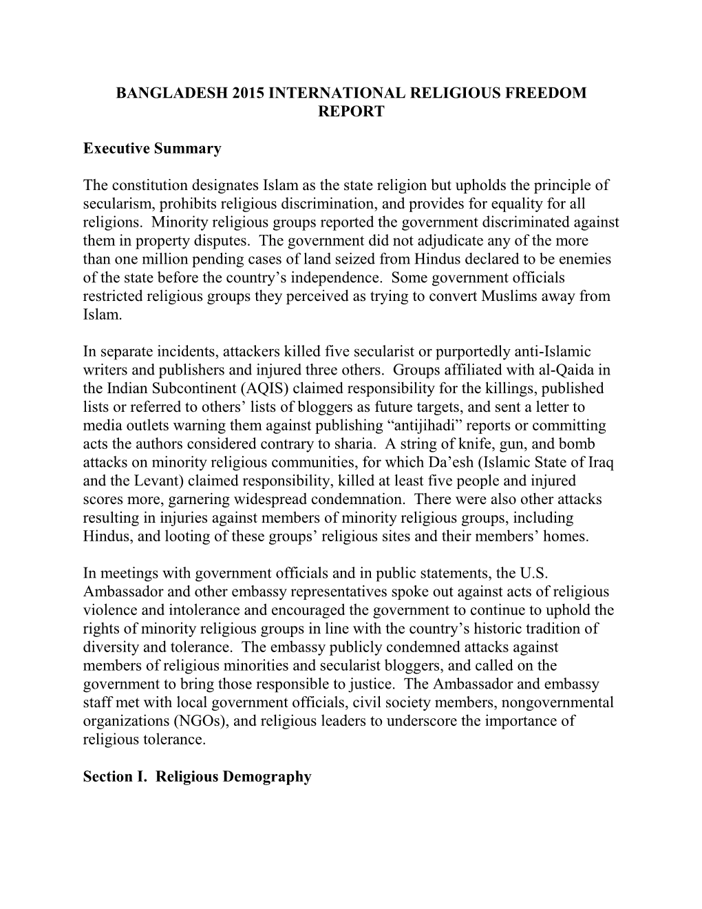 Bangladesh 2015 International Religious Freedom Report