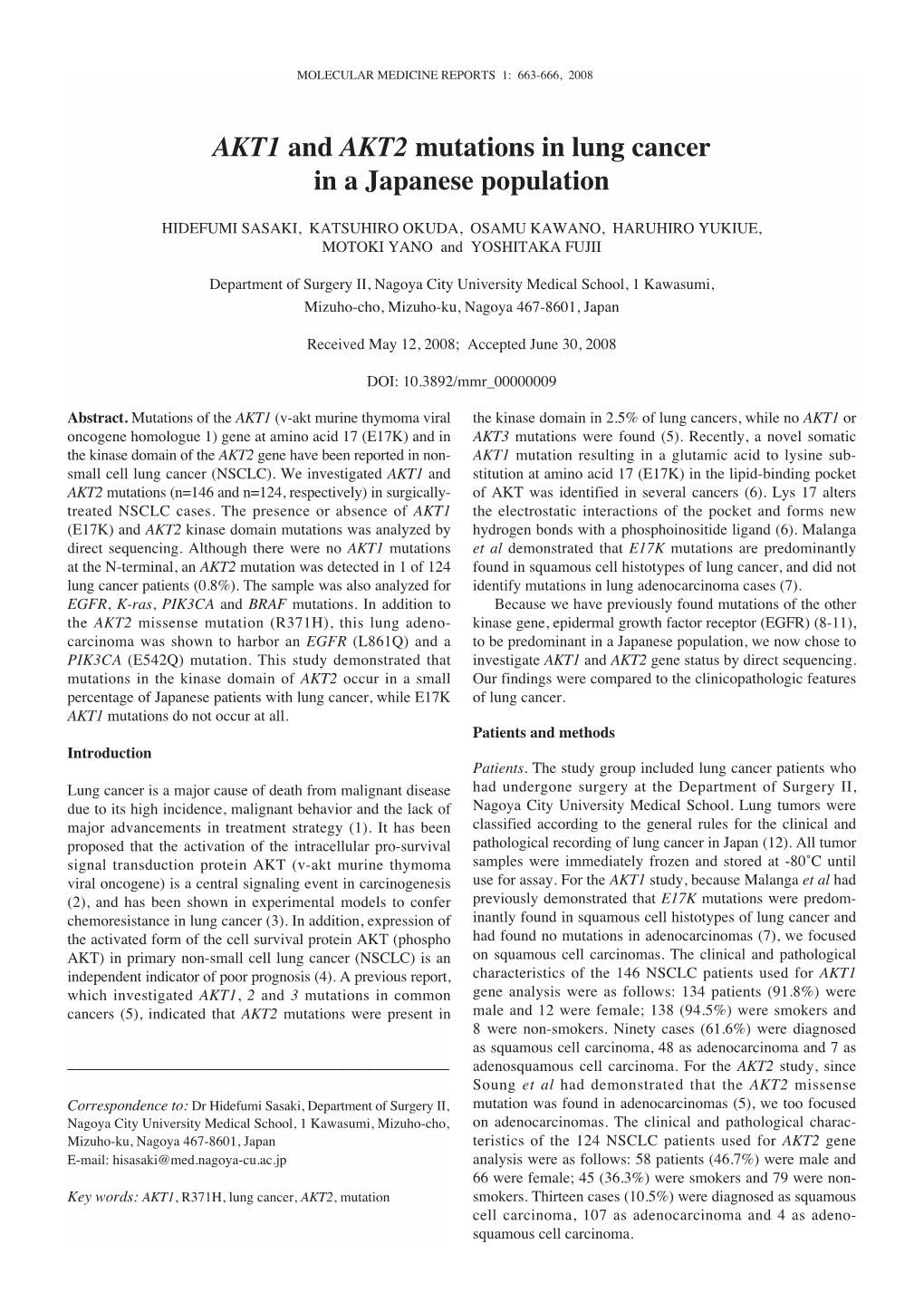 AKT1 and AKT2 Mutations in Lung Cancer in a Japanese Population