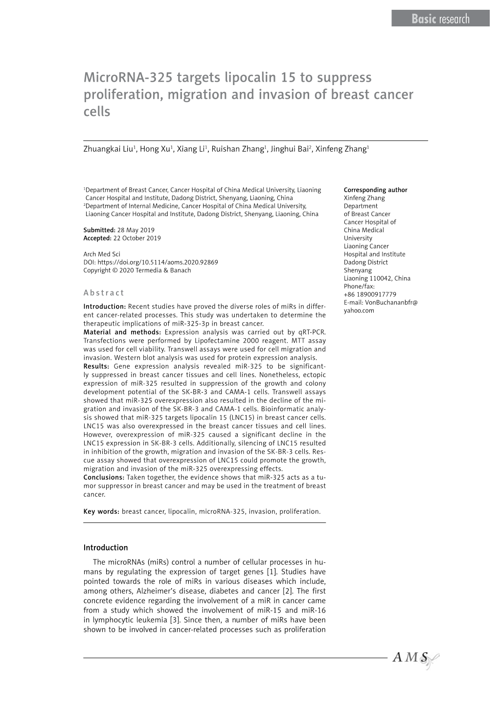 Microrna-325 Targets Lipocalin 15 to Suppress Proliferation, Migration and Invasion of Breast Cancer Cells