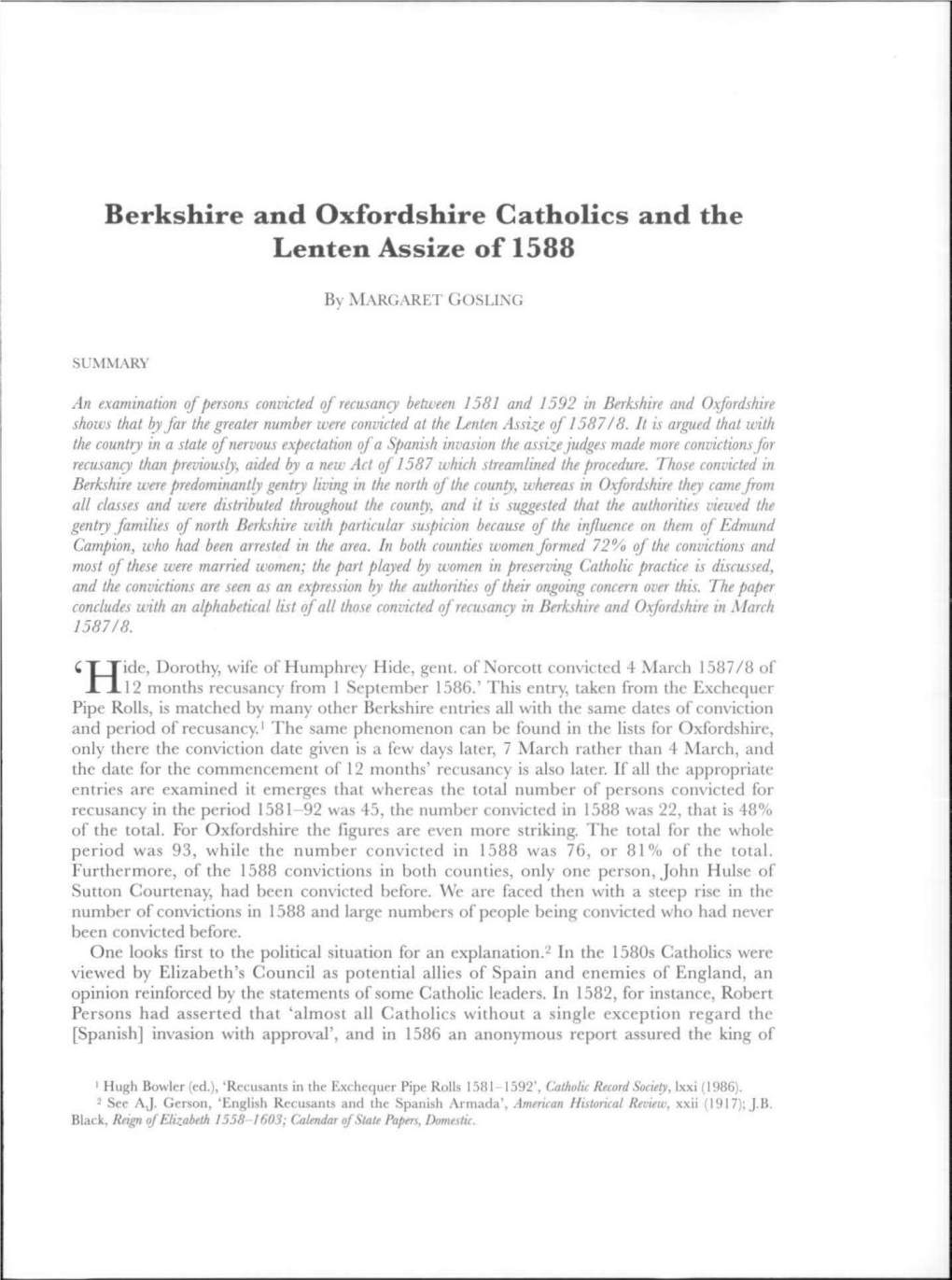 Berkshire and Oxfordshire Catholics and the Lenten Assize of 1588