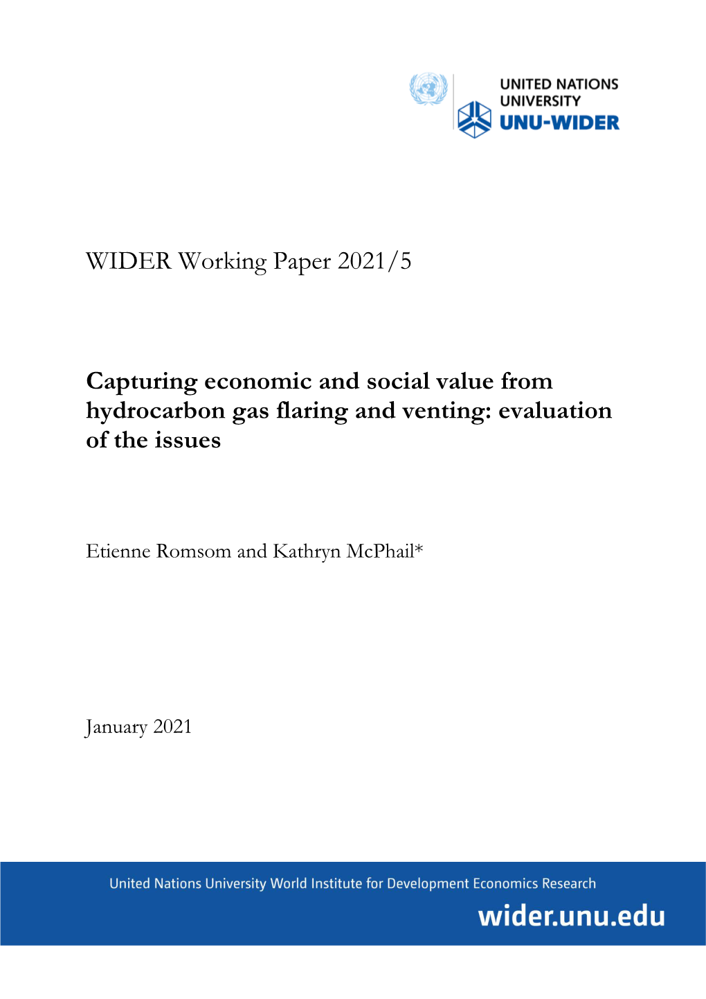 WIDER Working Paper 2021/5-Capturing Economic and Social Value from Hydrocarbon Gas Flaring and Venting: Evaluation of the Issue