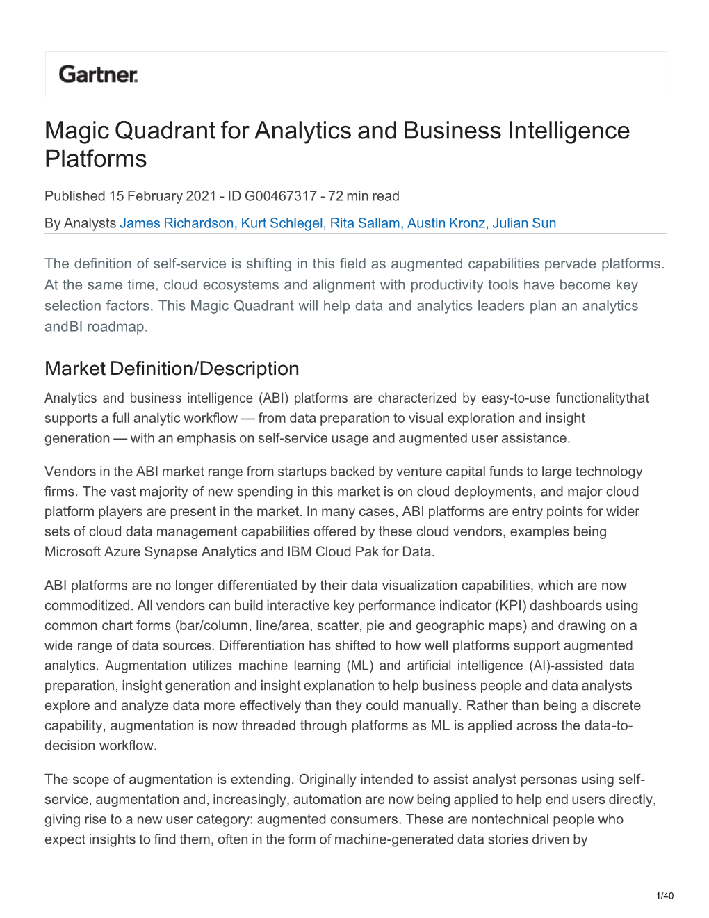 Magic Quadrant for Analytics and Business Intelligence Platforms