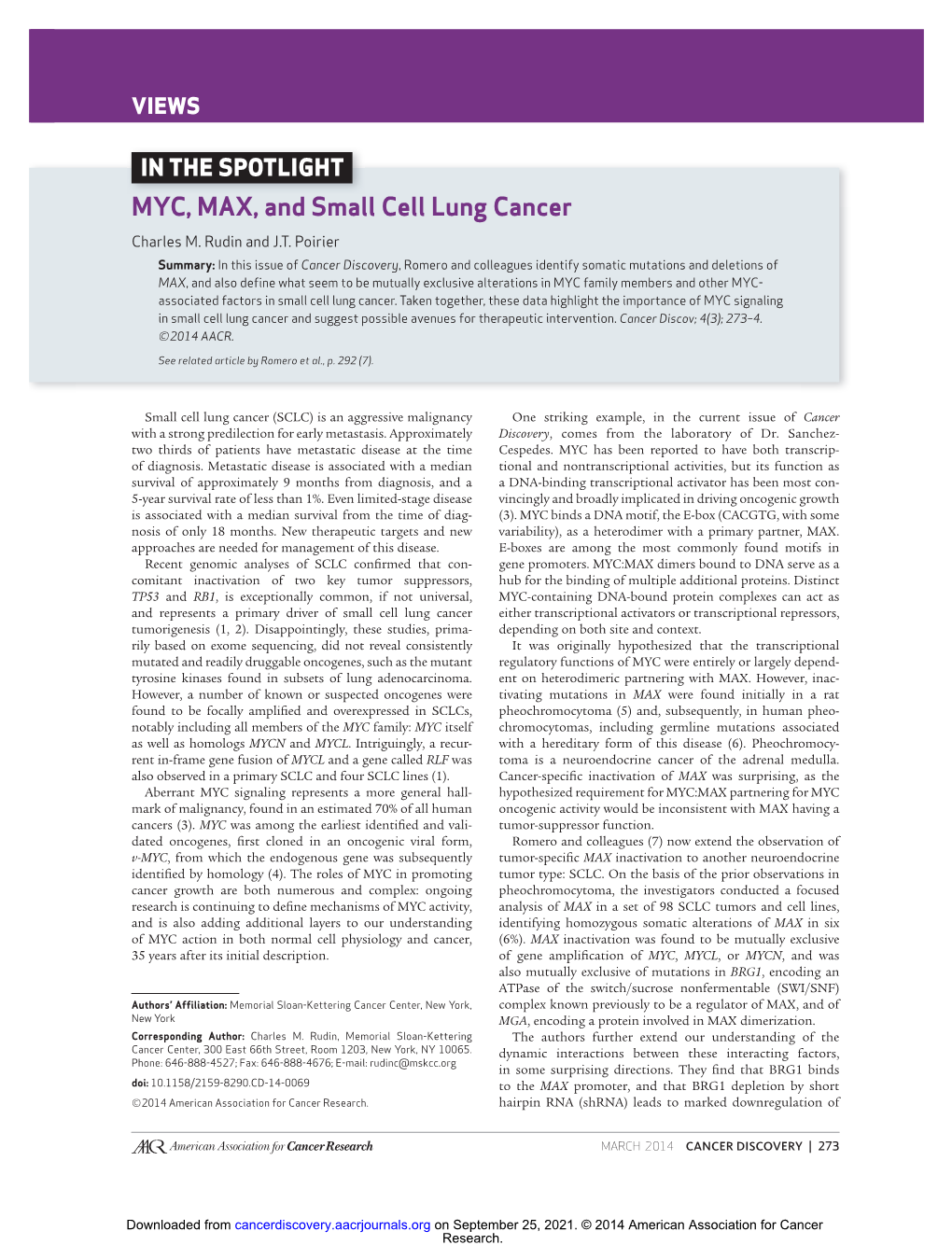 MYC, MAX, and Small Cell Lung Cancer Charles M