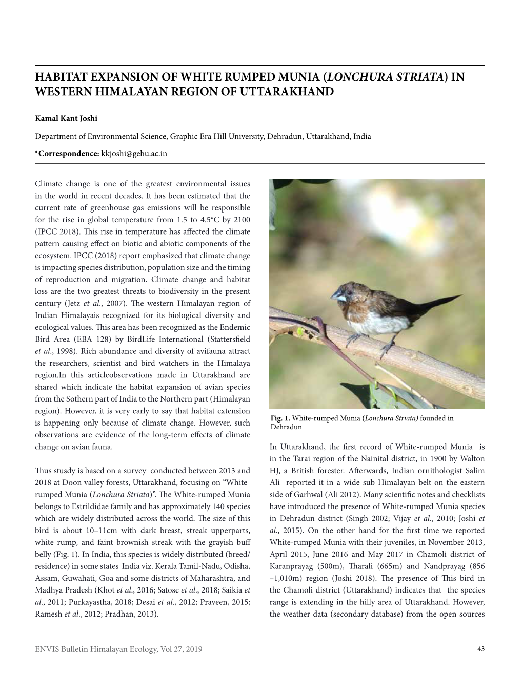 Habitat Expansion of White Rumped Munia (Lonchura Striata) in Western Himalayan Region of Uttarakhand