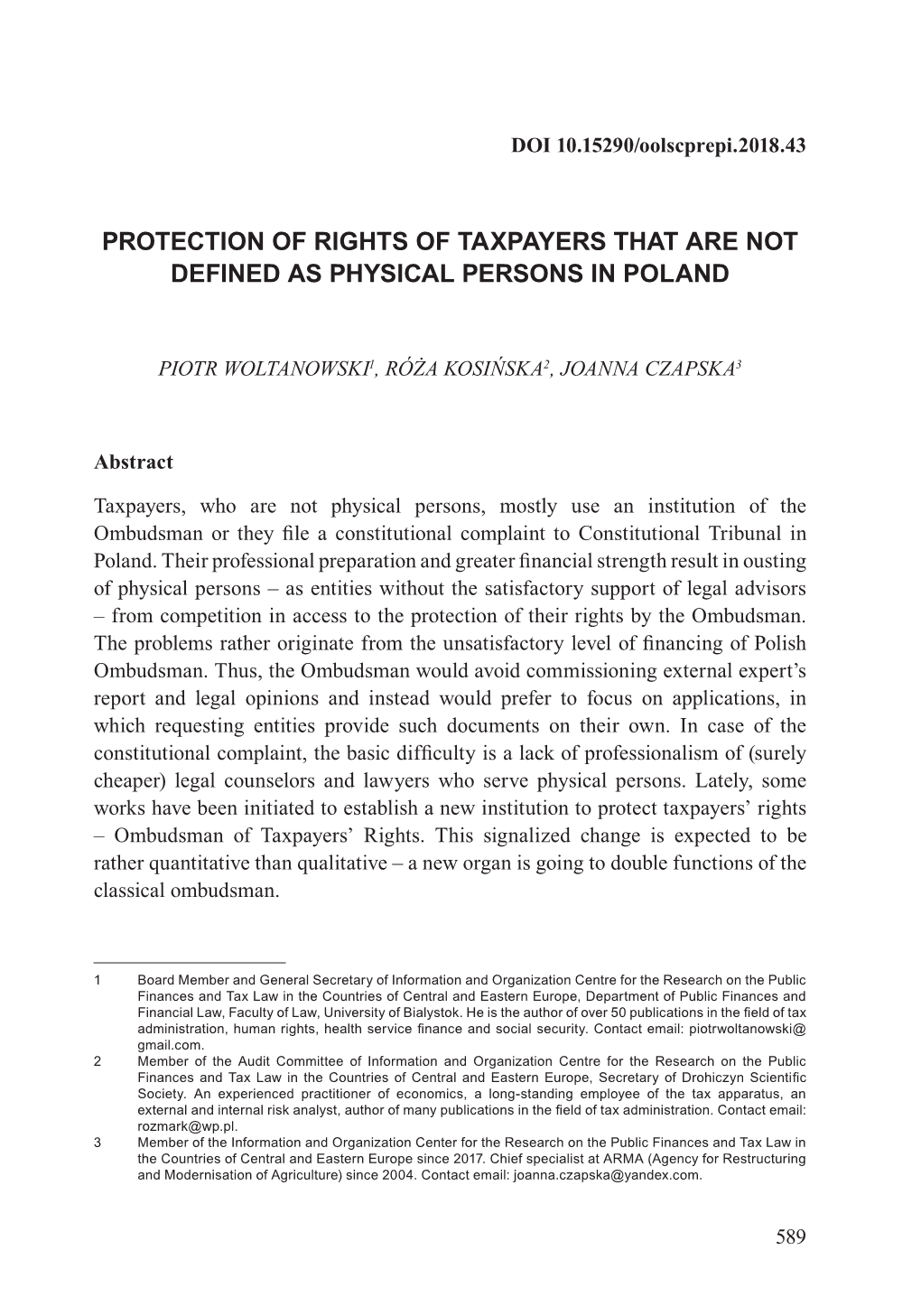 Protection of Rights of Taxpayers That Are Not Defined As Physical Persons in Poland