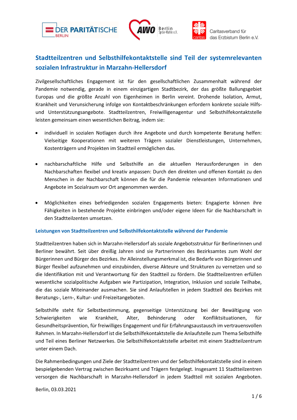 Stadtteilzentren Und Selbsthilfekontaktstelle Sind Teil Der Systemrelevanten Sozialen Infrastruktur in Marzahn-Hellersdorf