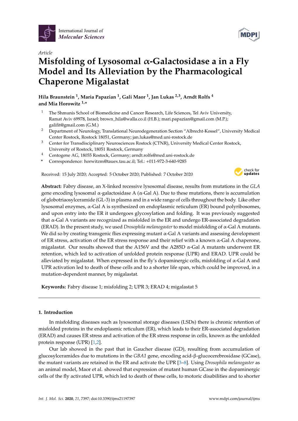 Misfolding of Lysosomal -Galactosidase a in a Fly Model And