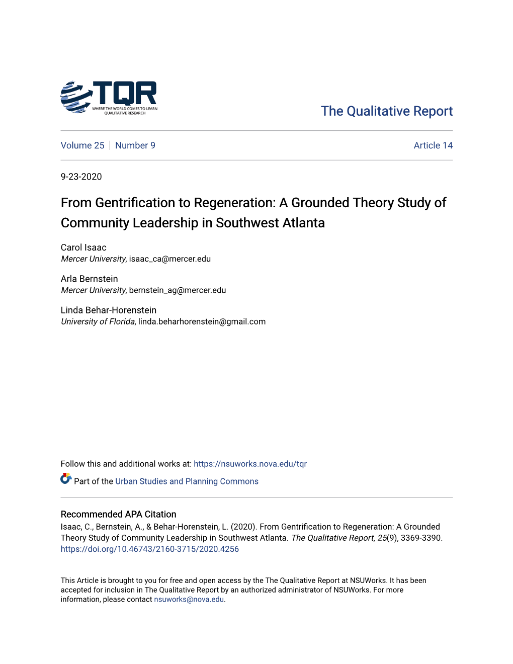 From Gentrification to Regeneration: a Grounded Theory Study of Community Leadership in Southwest Atlanta