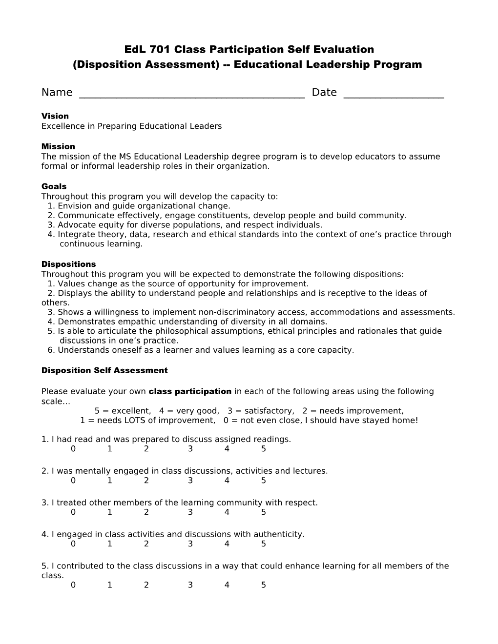 Class Participation Self Evaluation