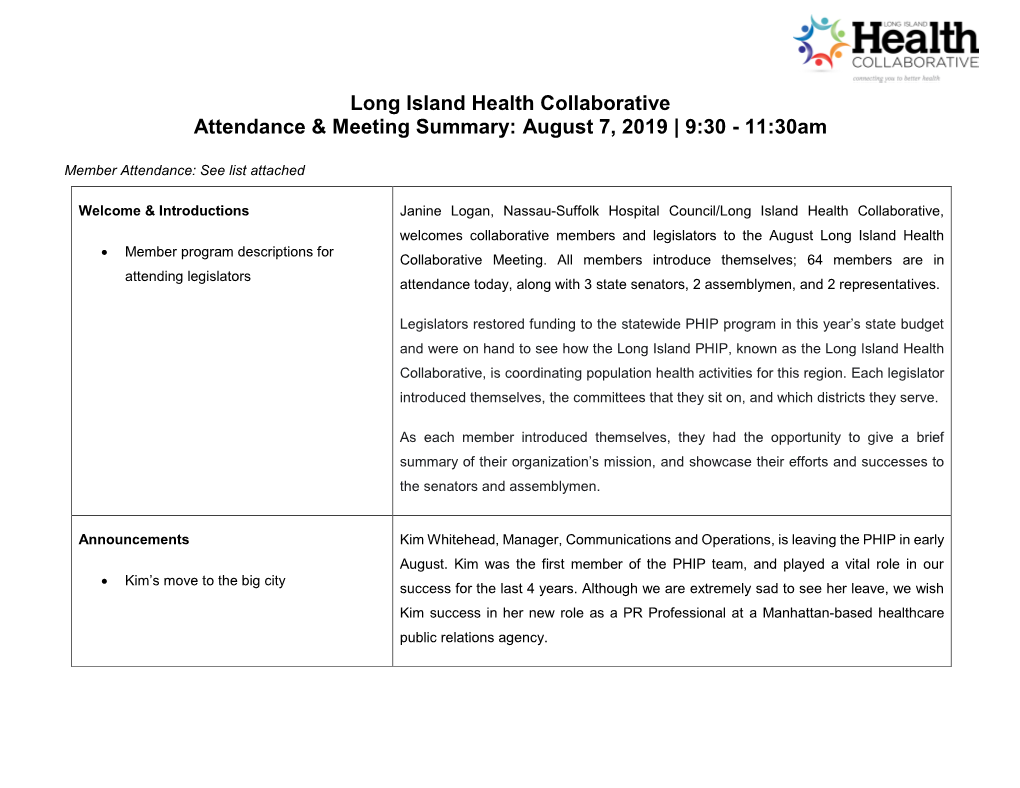 Long Island Health Collaborative Attendance & Meeting Summary