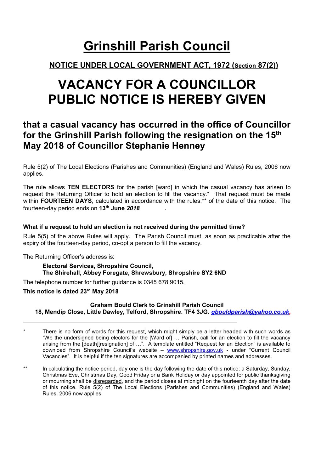 Grinshill Parish Council VACANCY for a COUNCILLOR PUBLIC