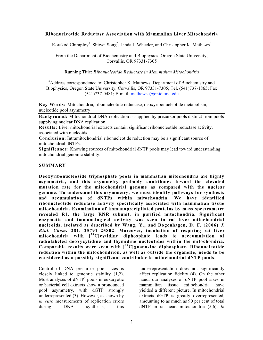 Ribonucleotide Reductase Association with Mammalian Liver Mitochondria