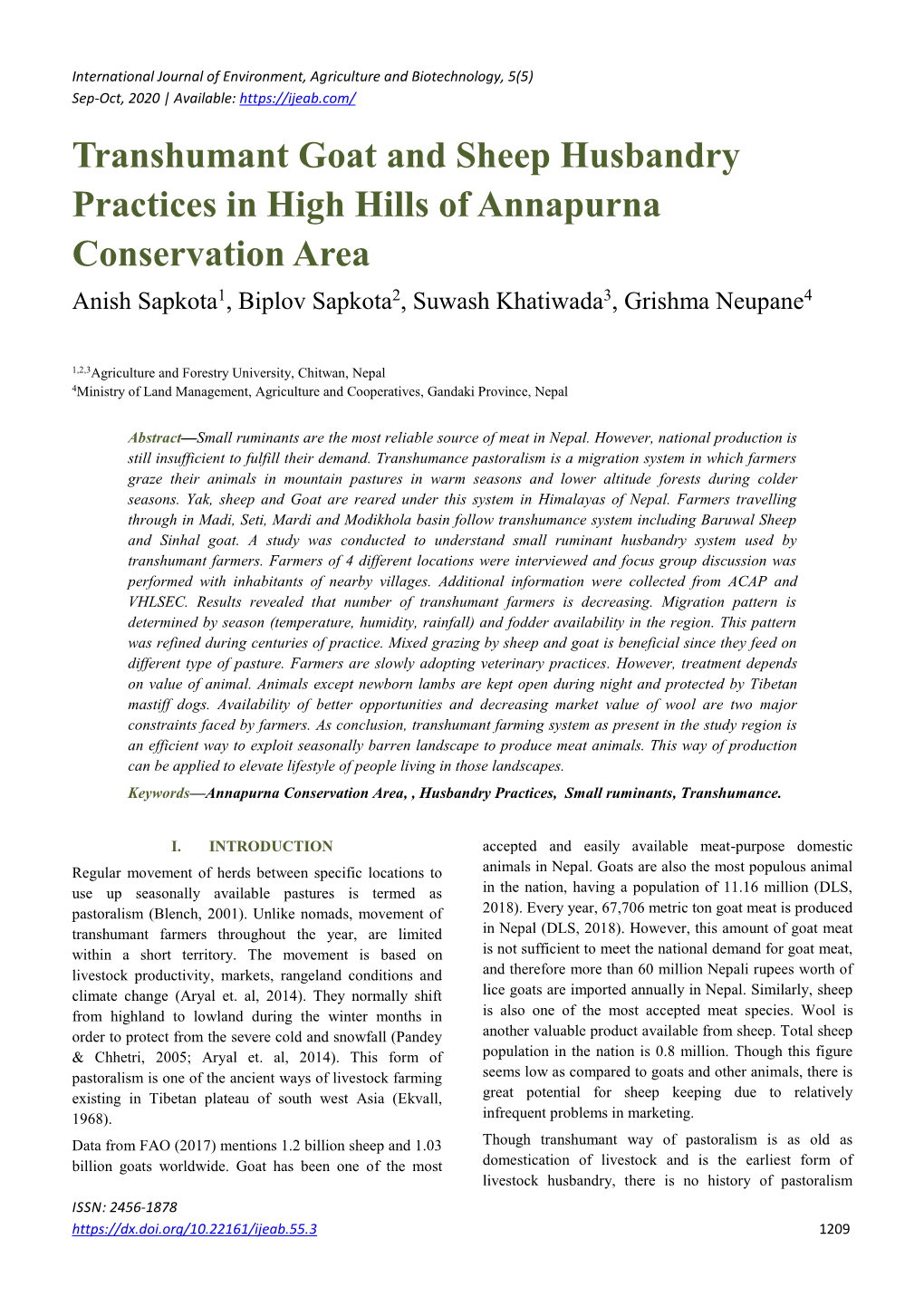 Transhumant Goat and Sheep Husbandry Practices in High Hills of Annapurna Conservation Area Anish Sapkota1, Biplov Sapkota2, Suwash Khatiwada3, Grishma Neupane4