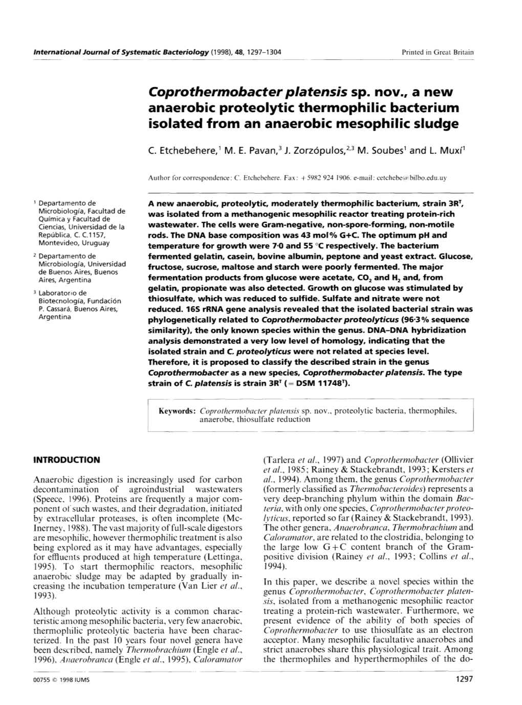 Coprothermobacter Platensis Spm Now,, a New Anaerobic Proteolytic Thermophilic Bacterium Isolated from an Anaerobic Mesophilic Sludge