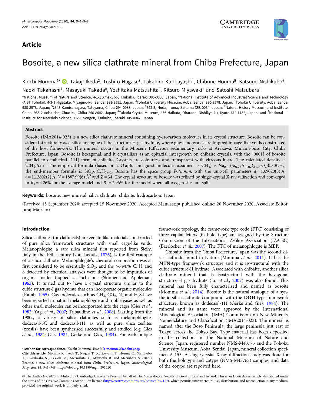 Bosoite, a New Silica Clathrate Mineral from Chiba Prefecture, Japan
