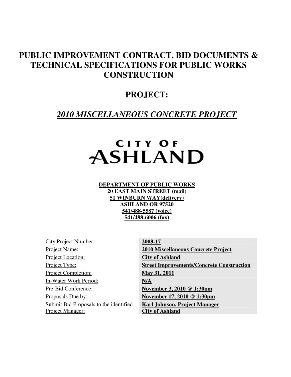 Public Improvement Contract, Bid Documents & Technical Specifications for Public Works Construction