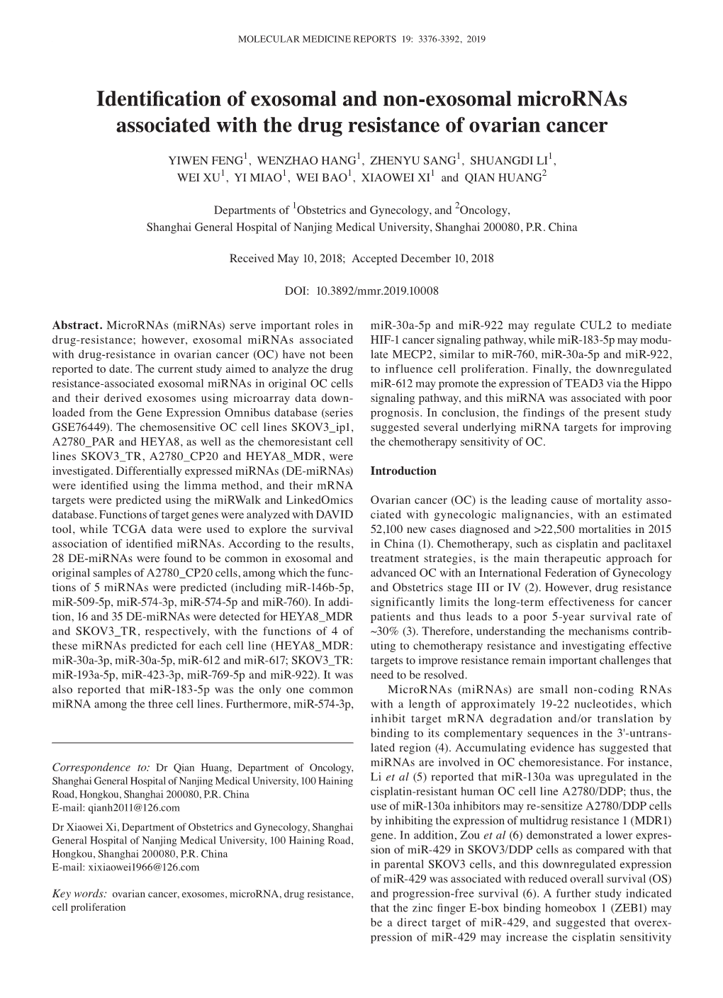 Identification of Exosomal and Non‑Exosomal Micrornas Associated with the Drug Resistance of Ovarian Cancer