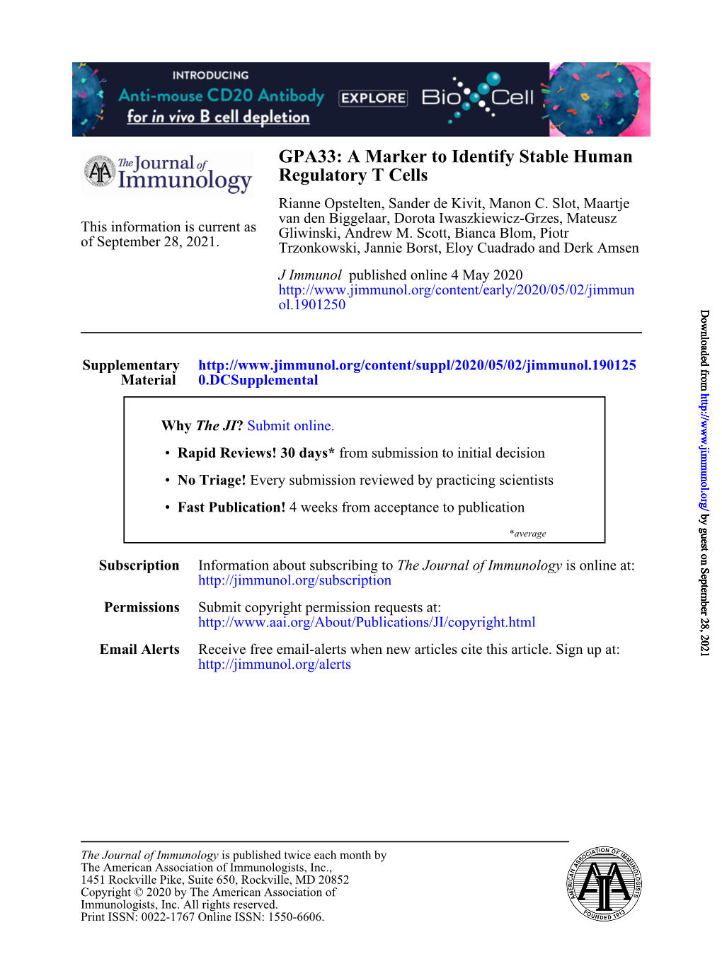 GPA33: a Marker to Identify Stable Human Regulatory T Cells Rianne Opstelten, Sander De Kivit, Manon C