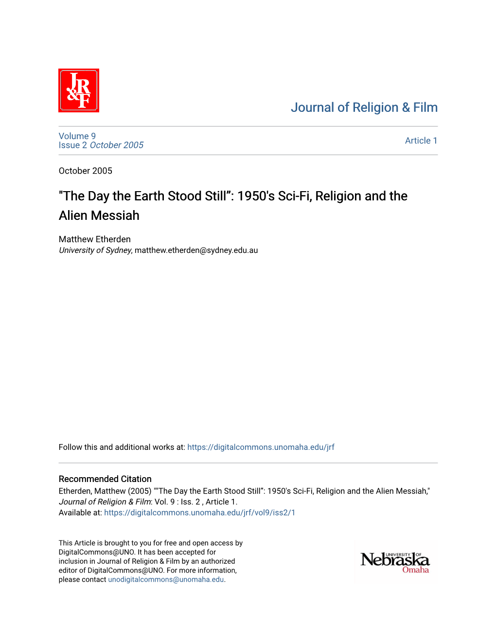 The Day the Earth Stood Still”: 1950'S Sci-Fi, Religion and the Alien Messiah