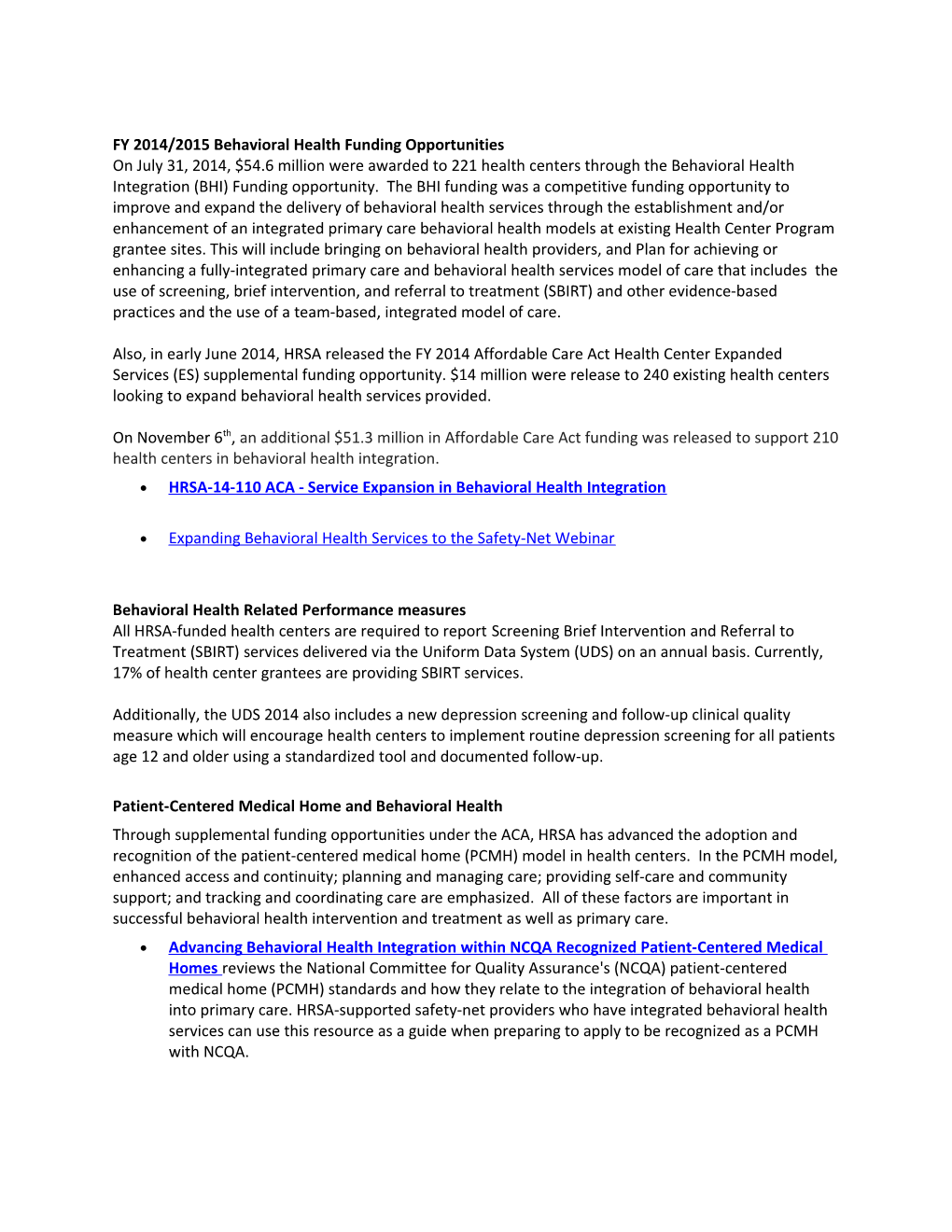 FY 2014/2015 Behavioral Health Funding Opportunities