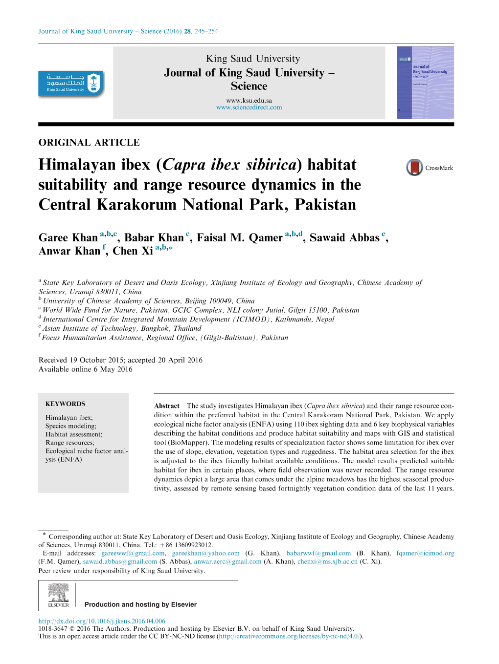 (Capra Ibex Sibirica) Habitat Suitability and Range Resource Dynamics in the Central Karakorum National Park, Pakistan