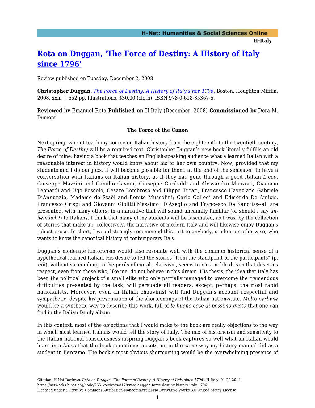 Rota on Duggan, 'The Force of Destiny: a History of Italy Since 1796'