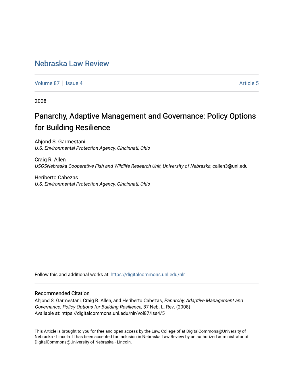 Panarchy, Adaptive Management and Governance: Policy Options for Building Resilience