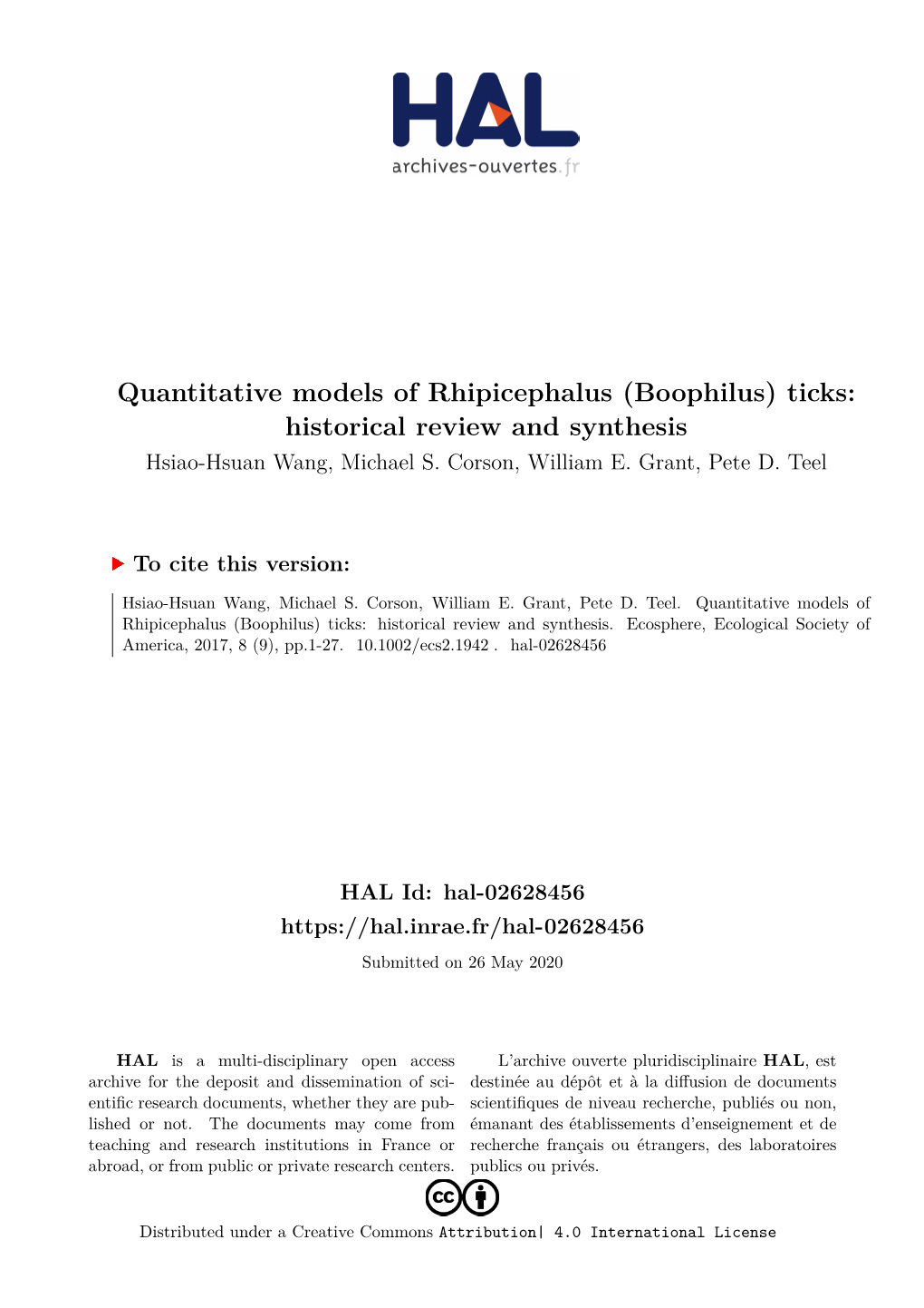 Quantitative Models of Rhipicephalus (Boophilus) Ticks: Historical Review and Synthesis Hsiao-Hsuan Wang, Michael S