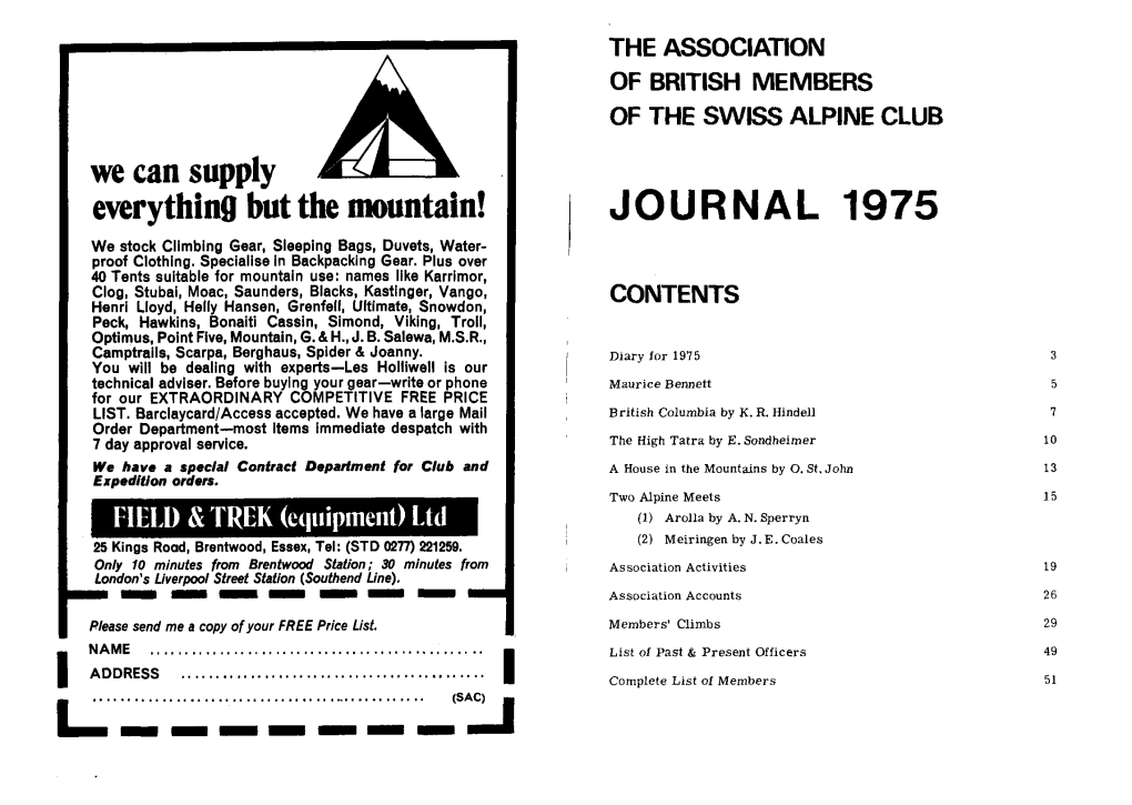 JOURNAL 1975 We Stock Climbing Gear, Sleeping Bags, Duvets, Water- Proof Clothing