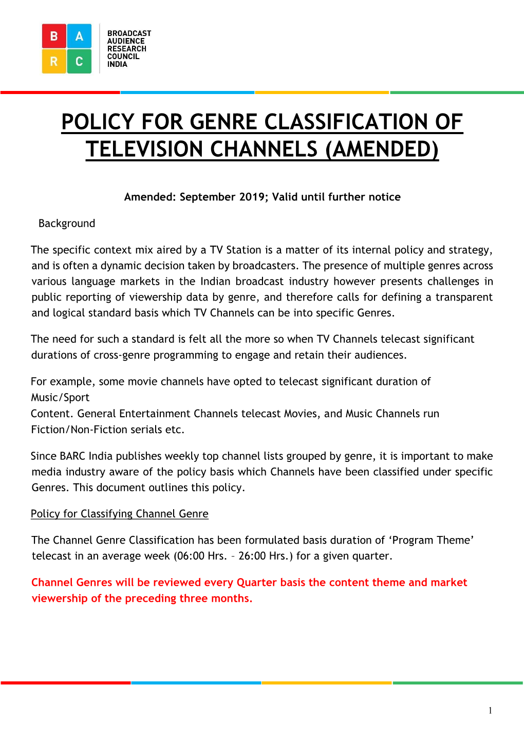 Policy for Genre Classification of Television Channels (Amended)