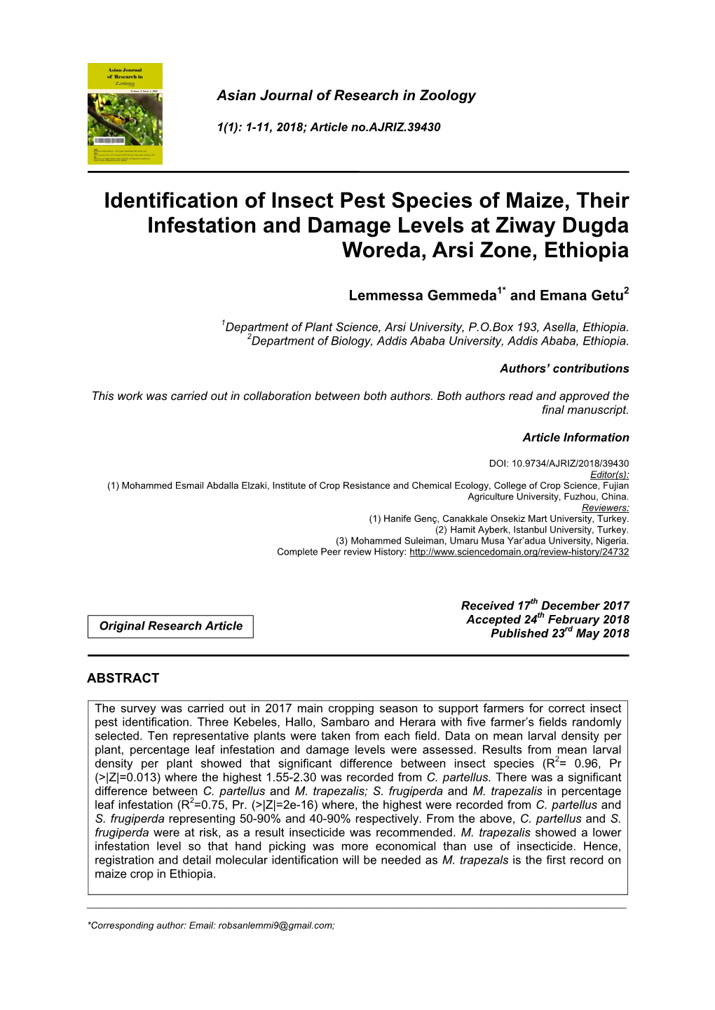 Identification of Insect Pest Species of Maize, Their Infestation and Damage Levels at Ziway Dugda Woreda, Arsi Zone, Ethiopia