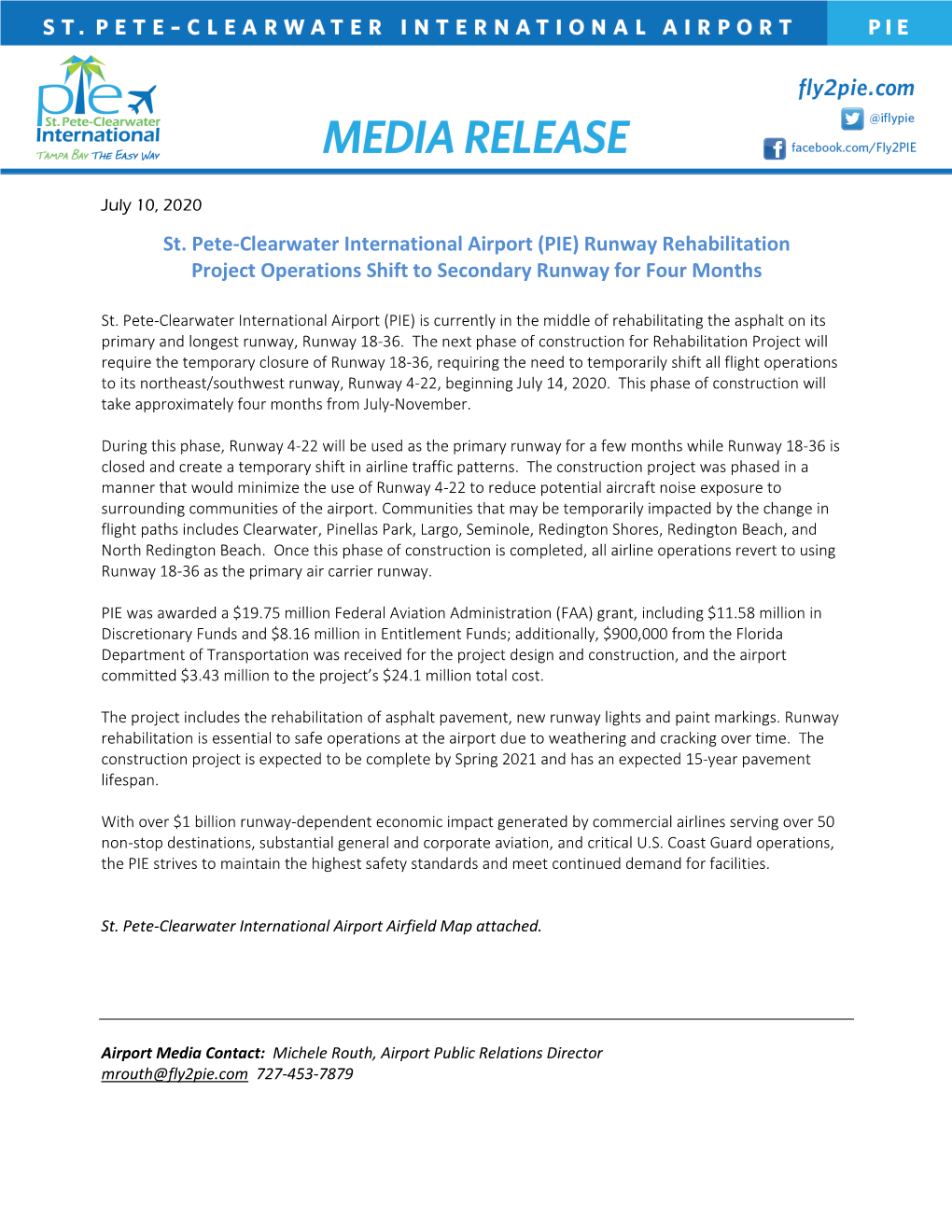 St. Pete-Clearwater International Airport (PIE) Runway Rehabilitation Project Operations Shift to Secondary Runway for Four Months