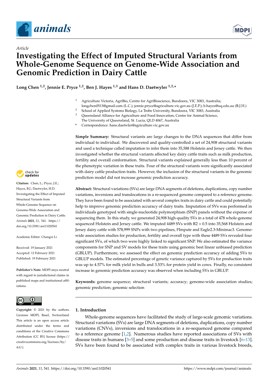 Investigating the Effect of Imputed Structural Variants from Whole-Genome Sequence on Genome-Wide Association and Genomic Prediction in Dairy Cattle