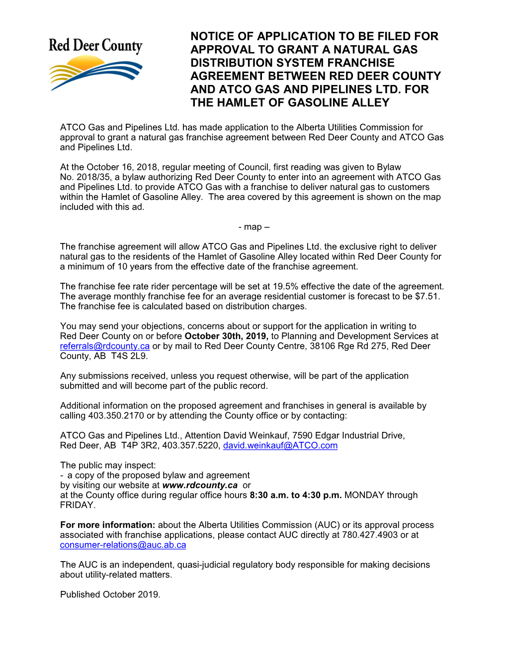 Notice of Application to Be Filed for Approval to Grant a Natural Gas Distribution System Franchise Agreement Between Red Deer County and Atco Gas and Pipelines Ltd