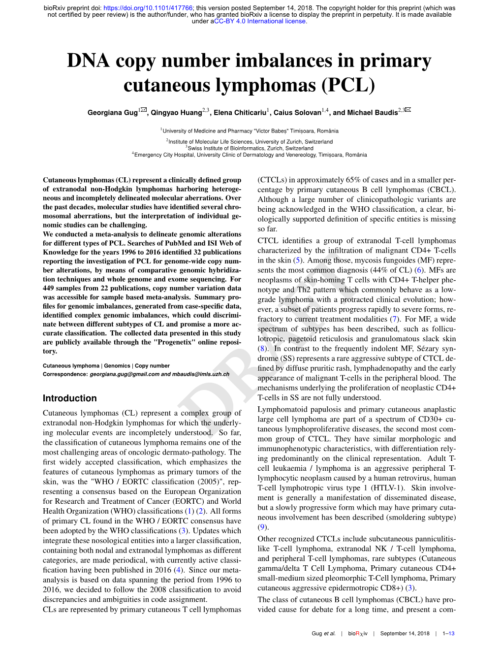 DNA Copy Number Imbalances in Primary Cutaneous Lymphomas (PCL)