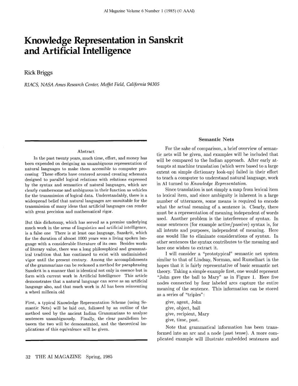 Knowledge Representation in Sanskrit and Artificial Intelligence