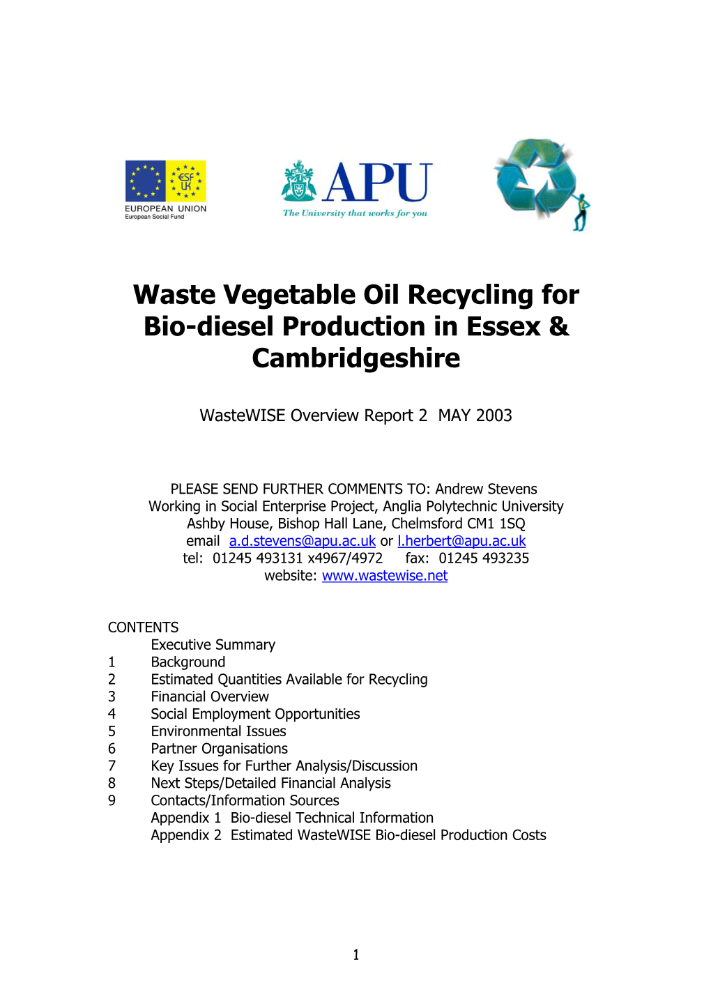Waste Vegetable Oil Recycling for Bio-Diesel Production in Essex & Cambridgeshire