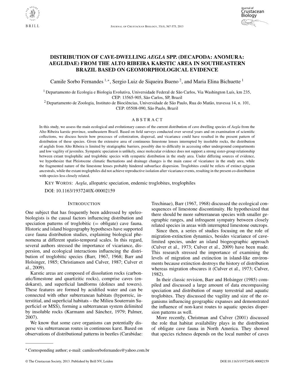 Distribution of Cave-Dwelling Aegla Spp. (Decapoda: Anomura: Aeglidae) from the Alto Ribeira Karstic Area in Southeastern Brazil Based on Geomorphological Evidence